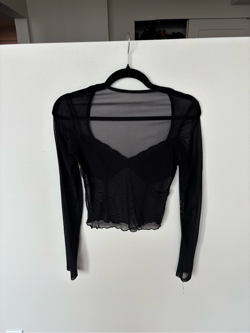 I.AM.GIA Black Sheer Lace-Trim Long Sleeve Mesh Crop Top - Picture 2 of 3